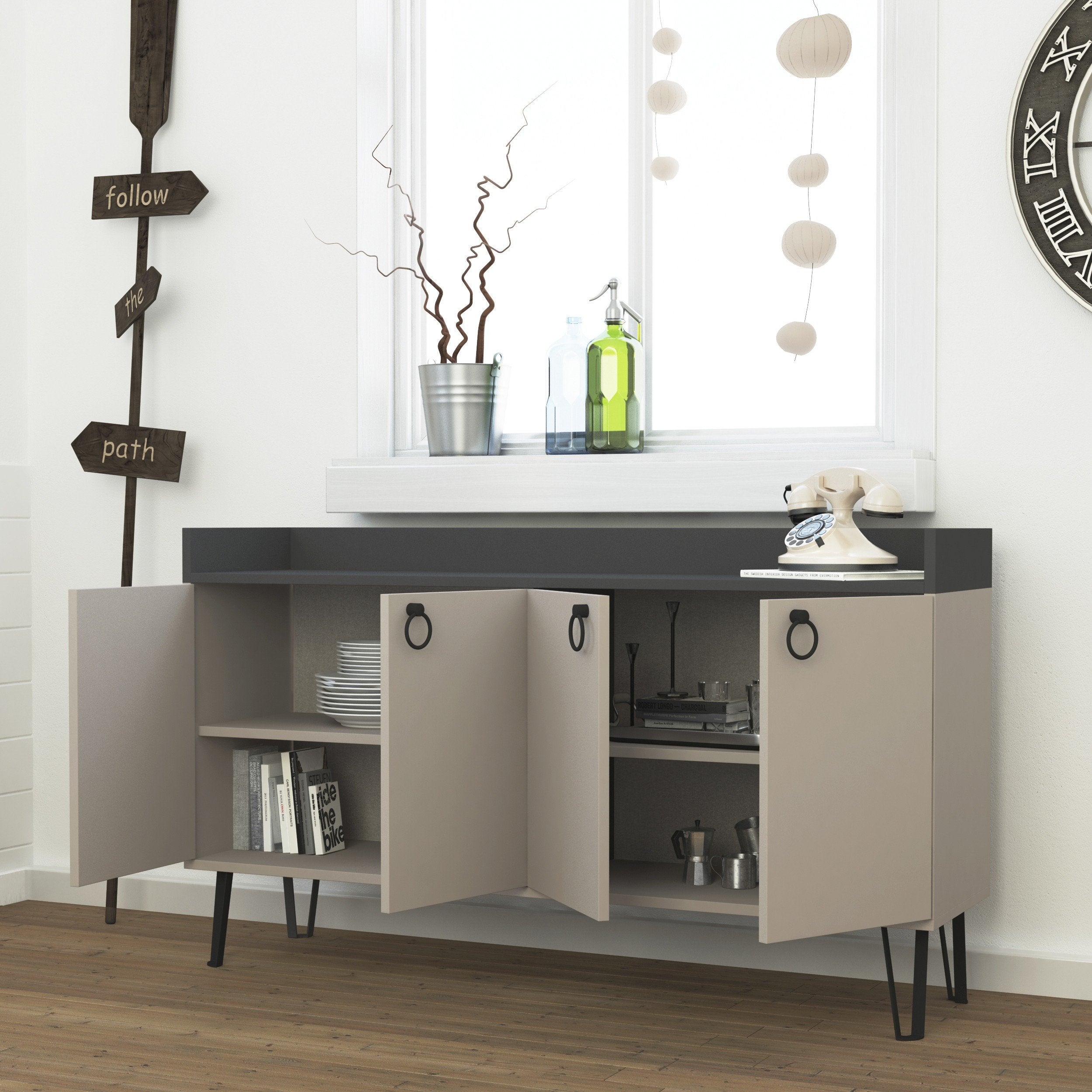 Console DEA 140 cm - Buffet et Bahut de rangement - Beige et Gris