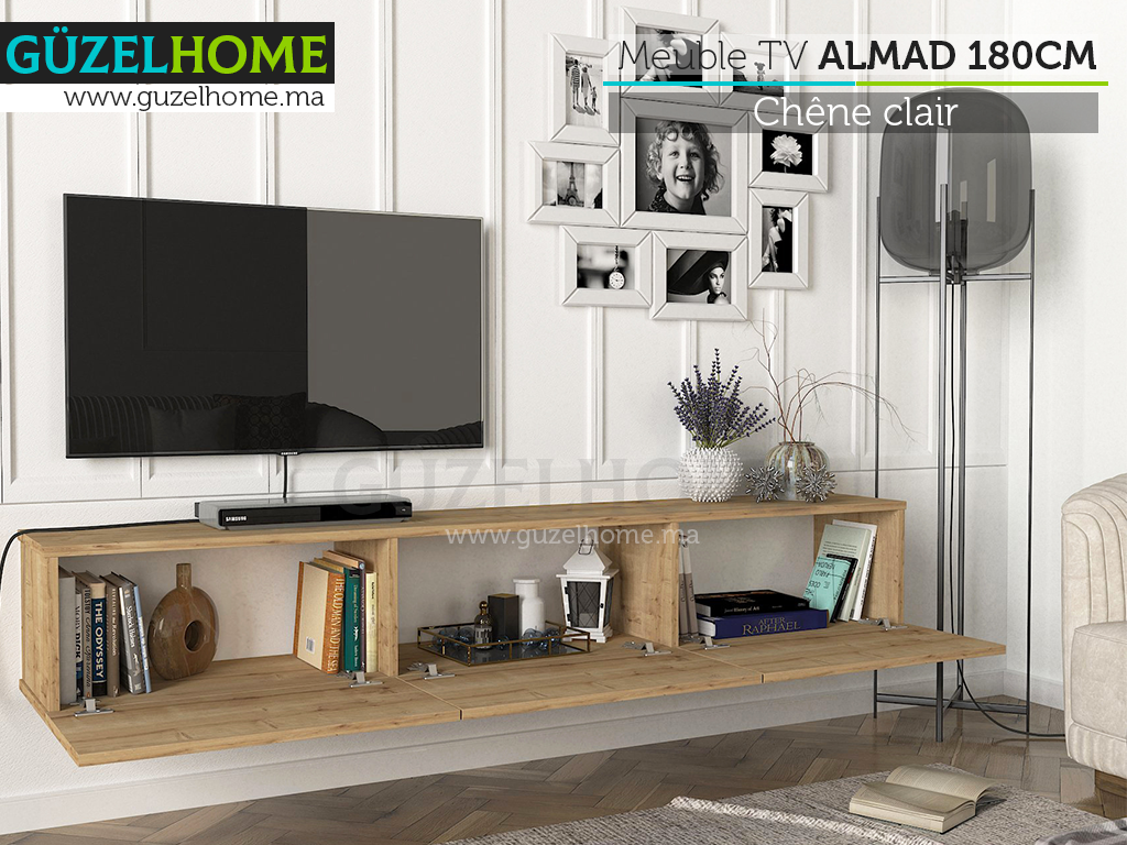 Mobilier TV Suspendu ALMAD 180cm - Effet chêne