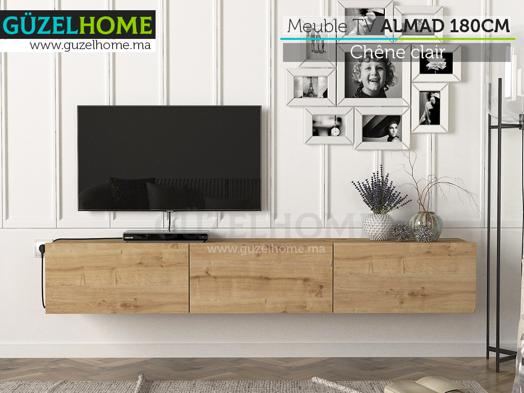 Mobilier TV Suspendu ALMAD 180cm - Effet chêne