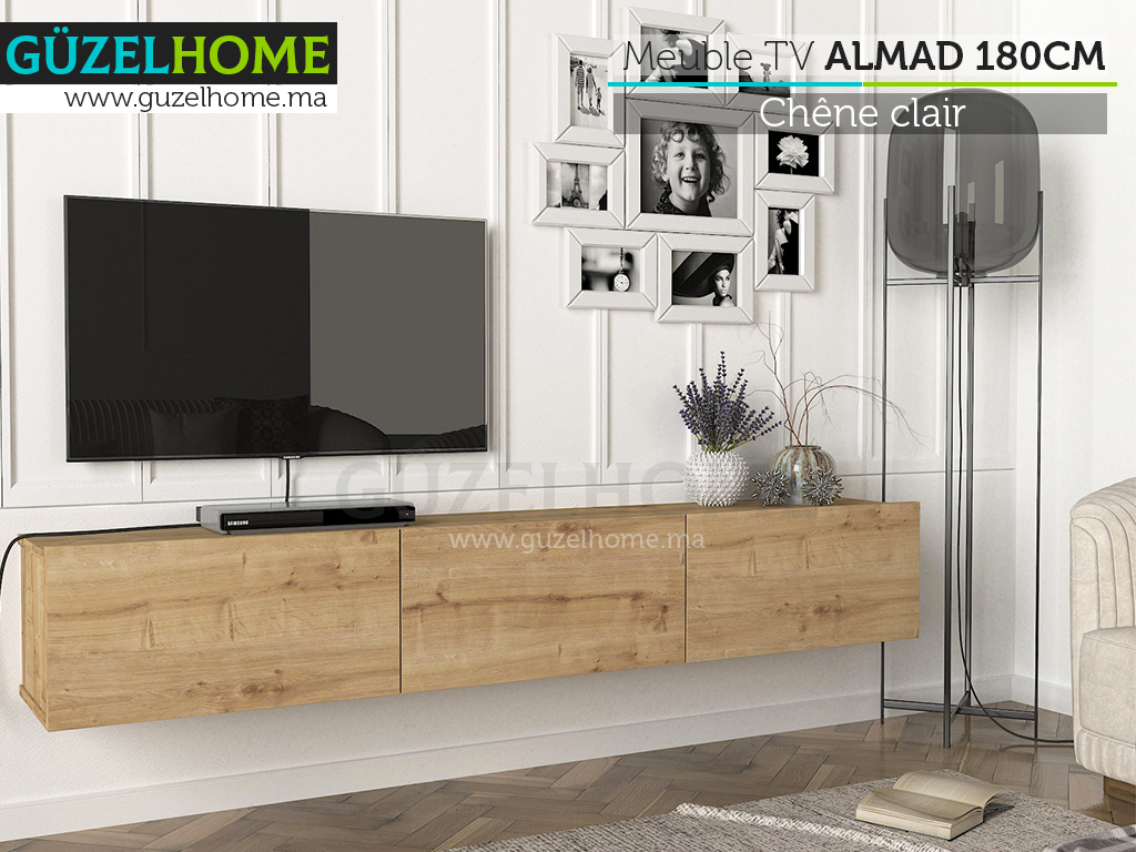 Mobilier TV Suspendu ALMAD 180cm - Effet chêne