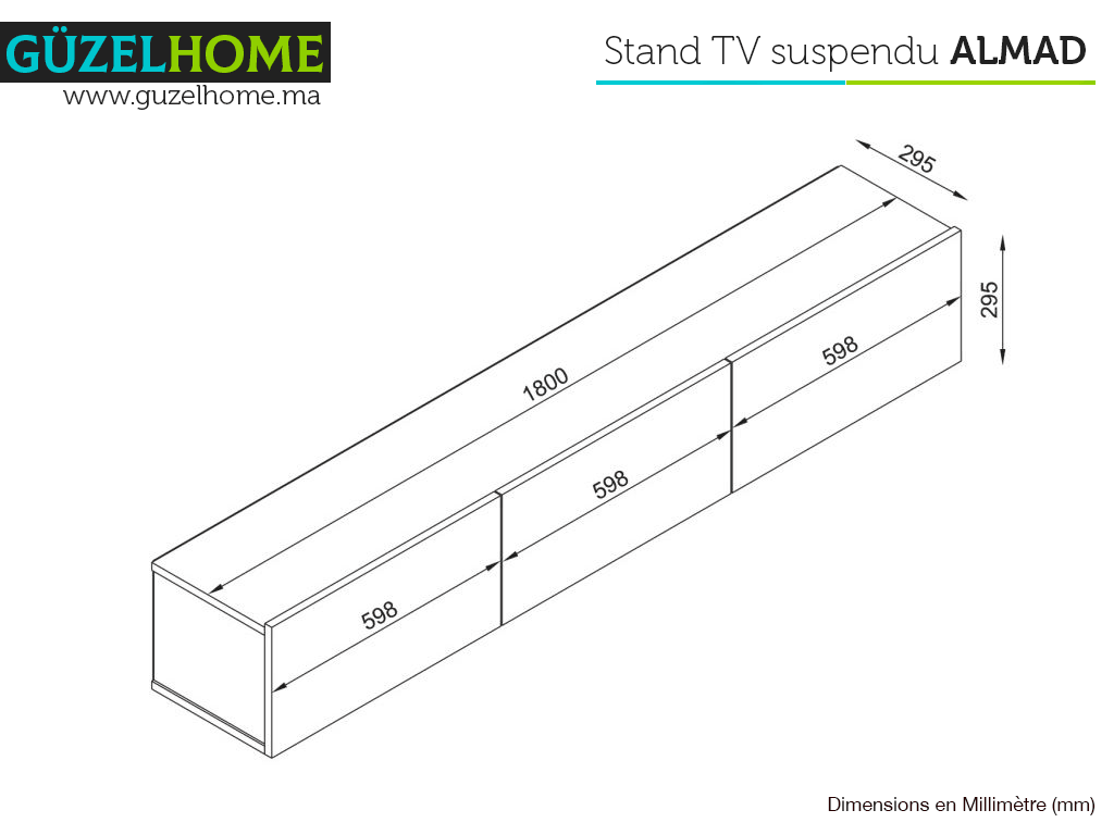 Stand TV Suspendu ALMAD 180cm - Noir laqué et Marron Noyer