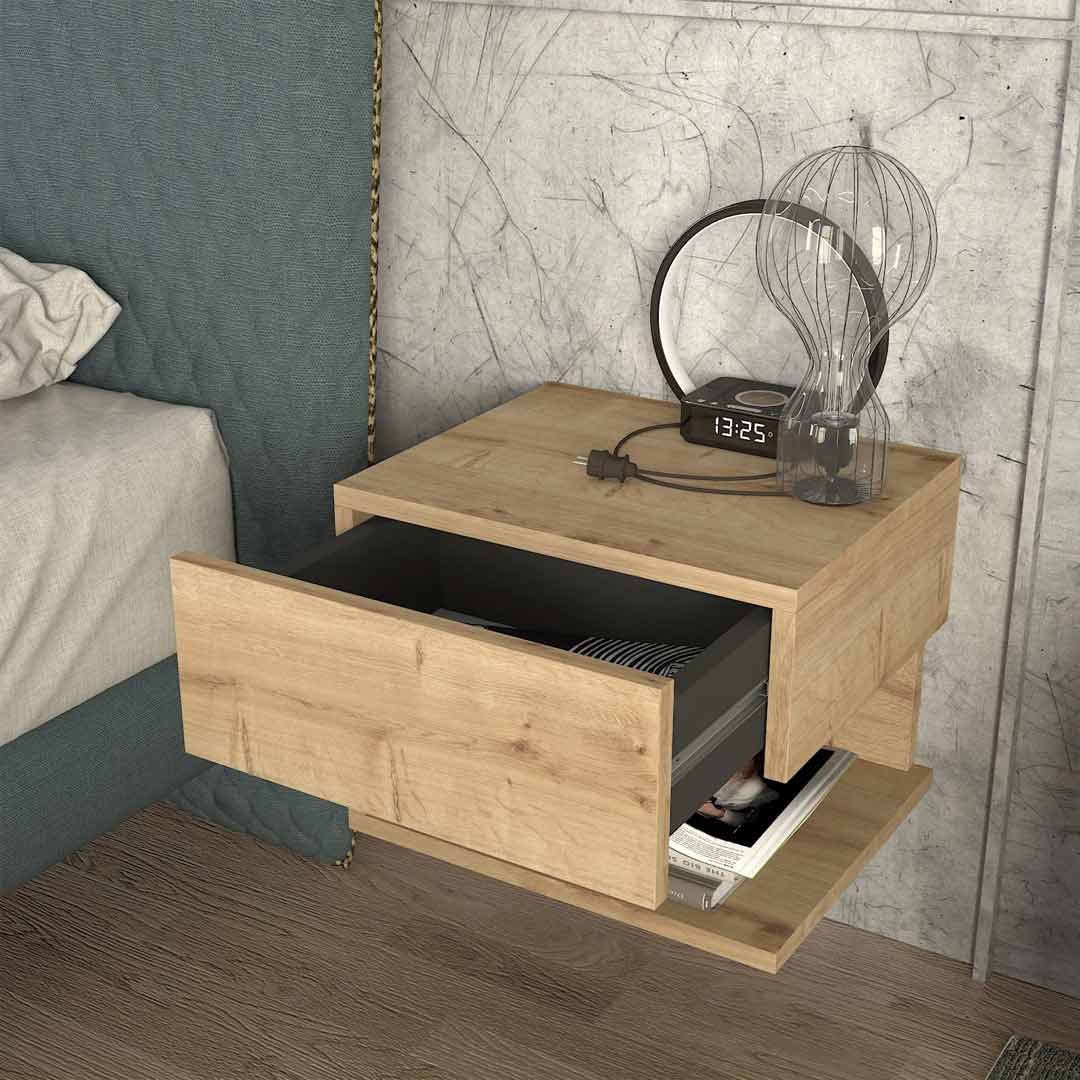 Table de nuit design suspendu ATUSA chêne à 1 tiroir - Chambre à coucher