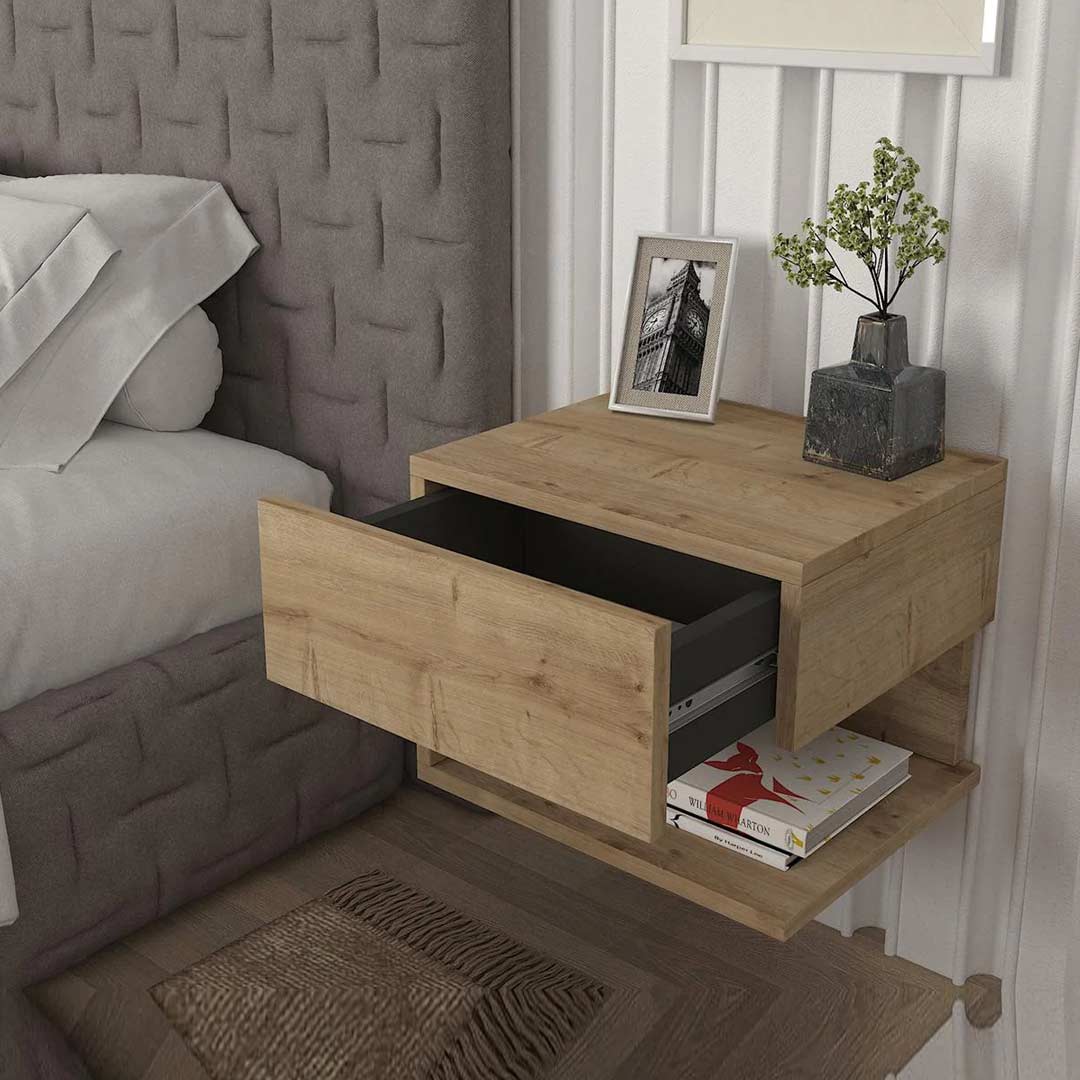 Table de nuit design suspendu ATUSA chêne à 1 tiroir - Chambre à coucher