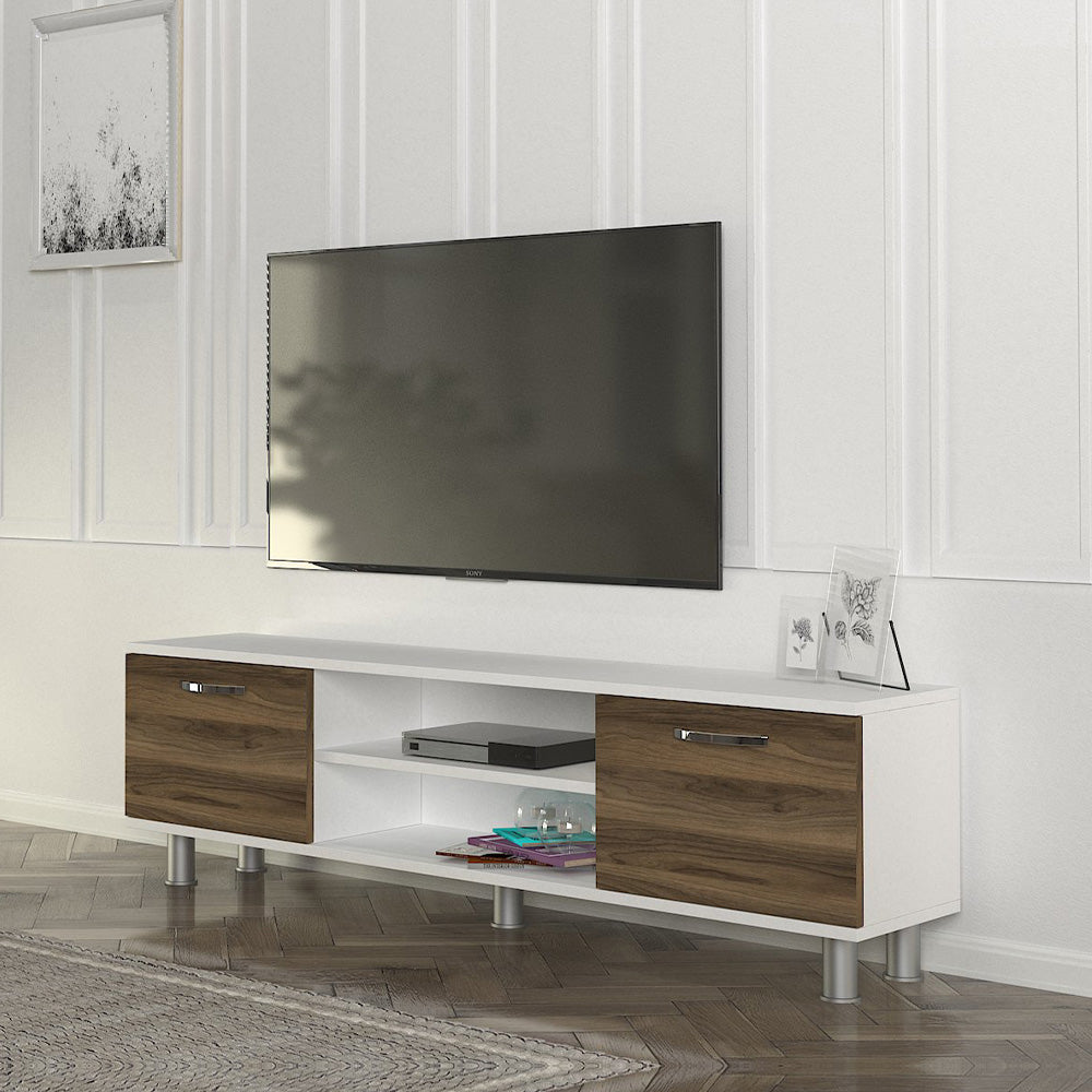 Meuble TV moderne DERMA 150 cm - Blanc et noyer