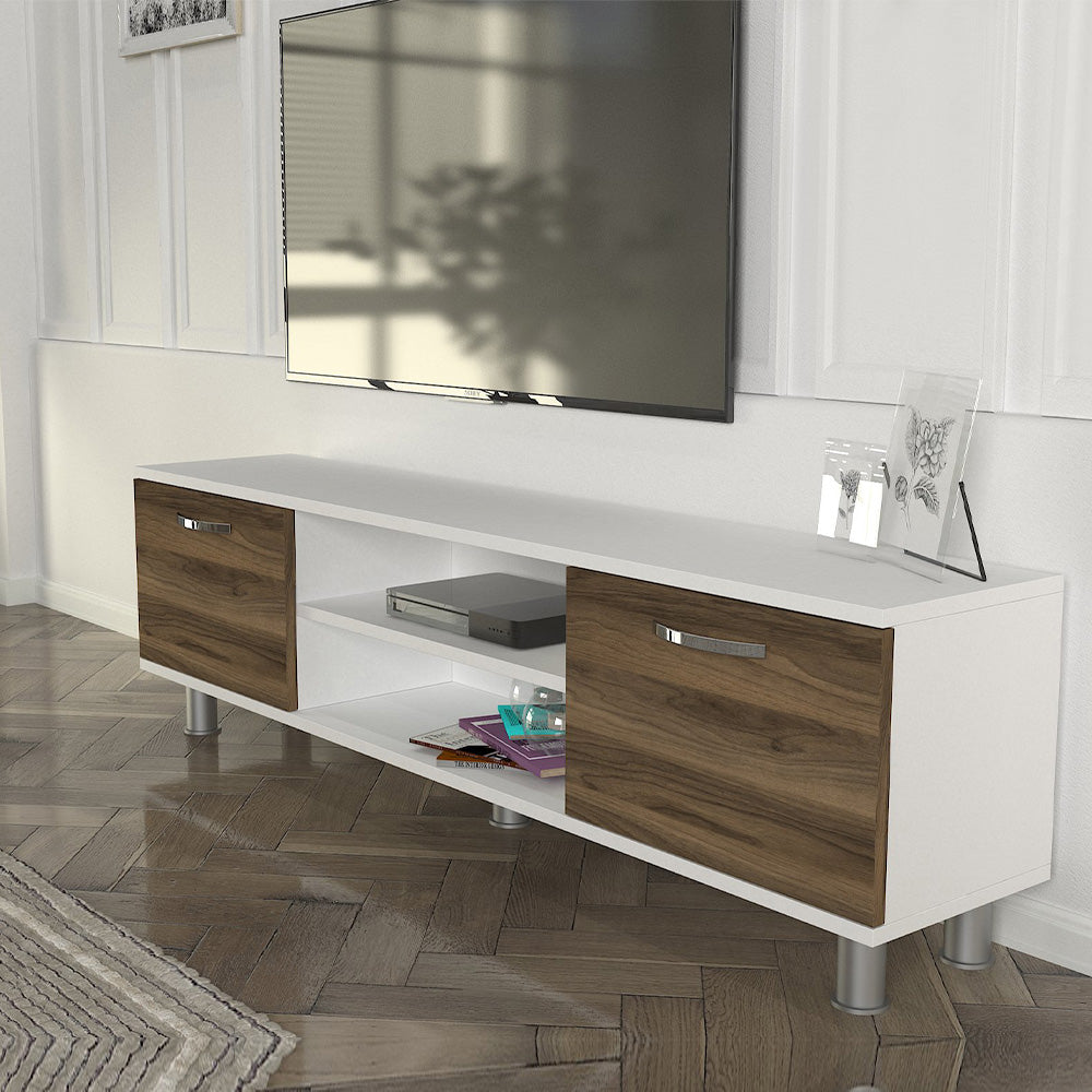 Meuble TV moderne DERMA 150 cm - Blanc et noyer