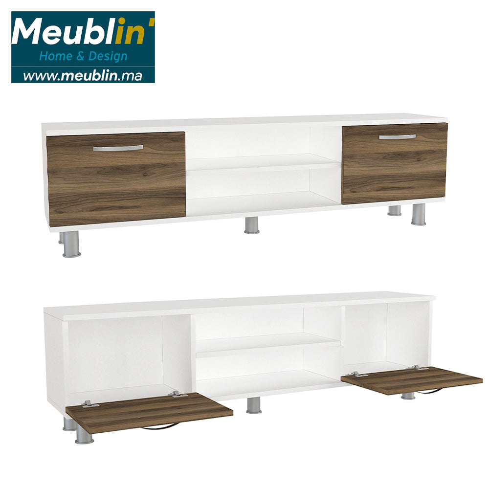 Meuble TV moderne DERMA 150 cm - Blanc et noyer