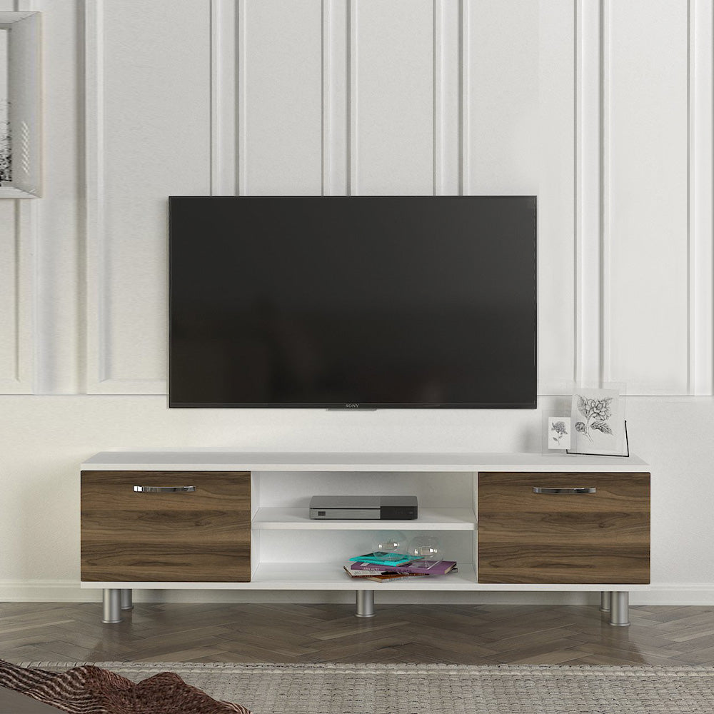 Meuble TV moderne DERMA 150 cm - Blanc et noyer