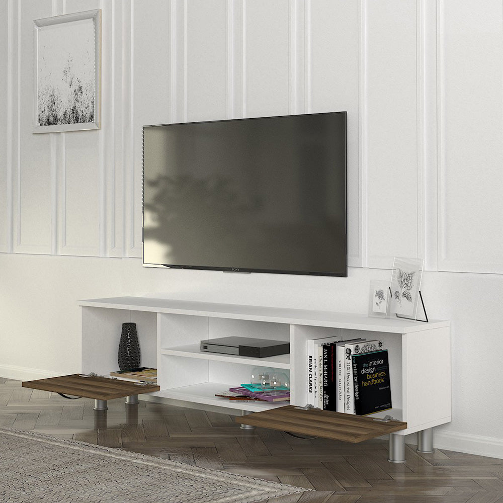 Meuble TV moderne DERMA 150 cm - Blanc et noyer