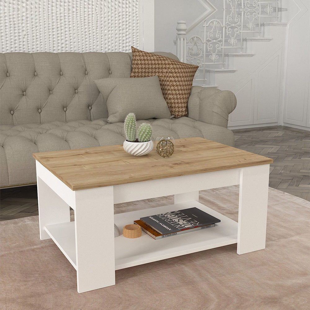 Table basse moderne pour séjour DIMA 90 cm - Blanc et chêne