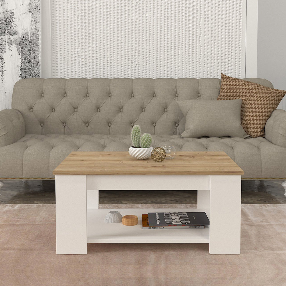 Table basse moderne pour séjour DIMA 90 cm - Blanc et chêne