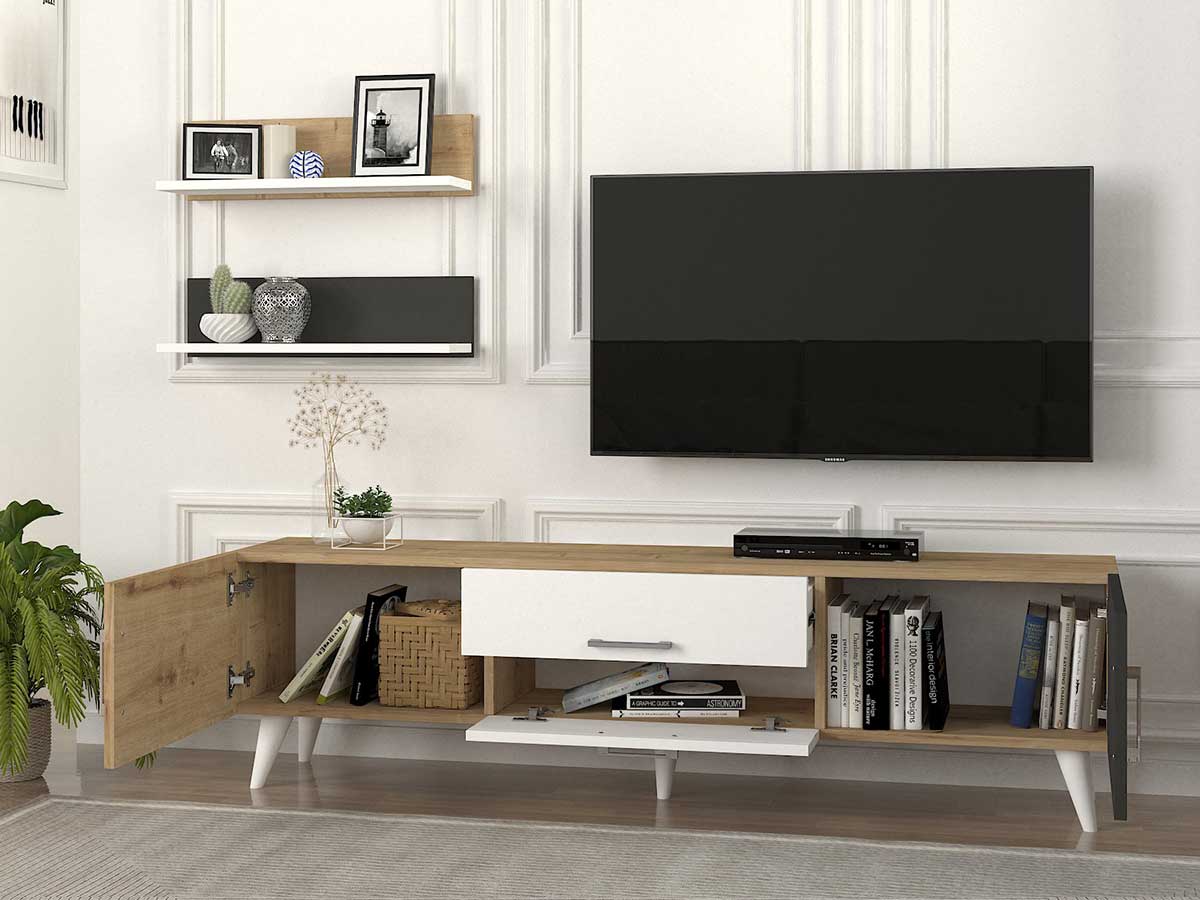 Meuble TV TAHI 160 cm chêne gris et blanc