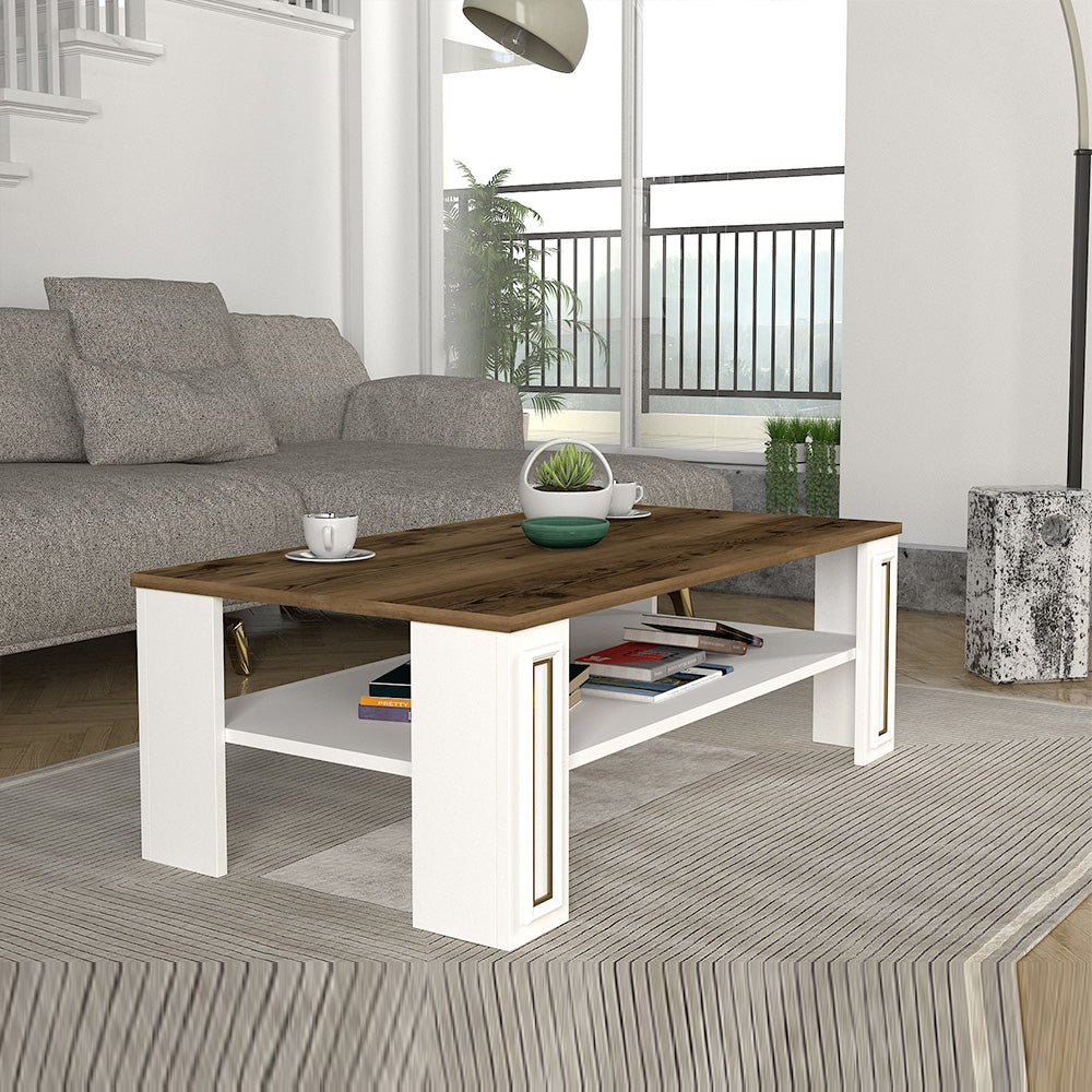 Table basse pour séjour SANSA 110 cm - Noyer et blanc à bordures en doré