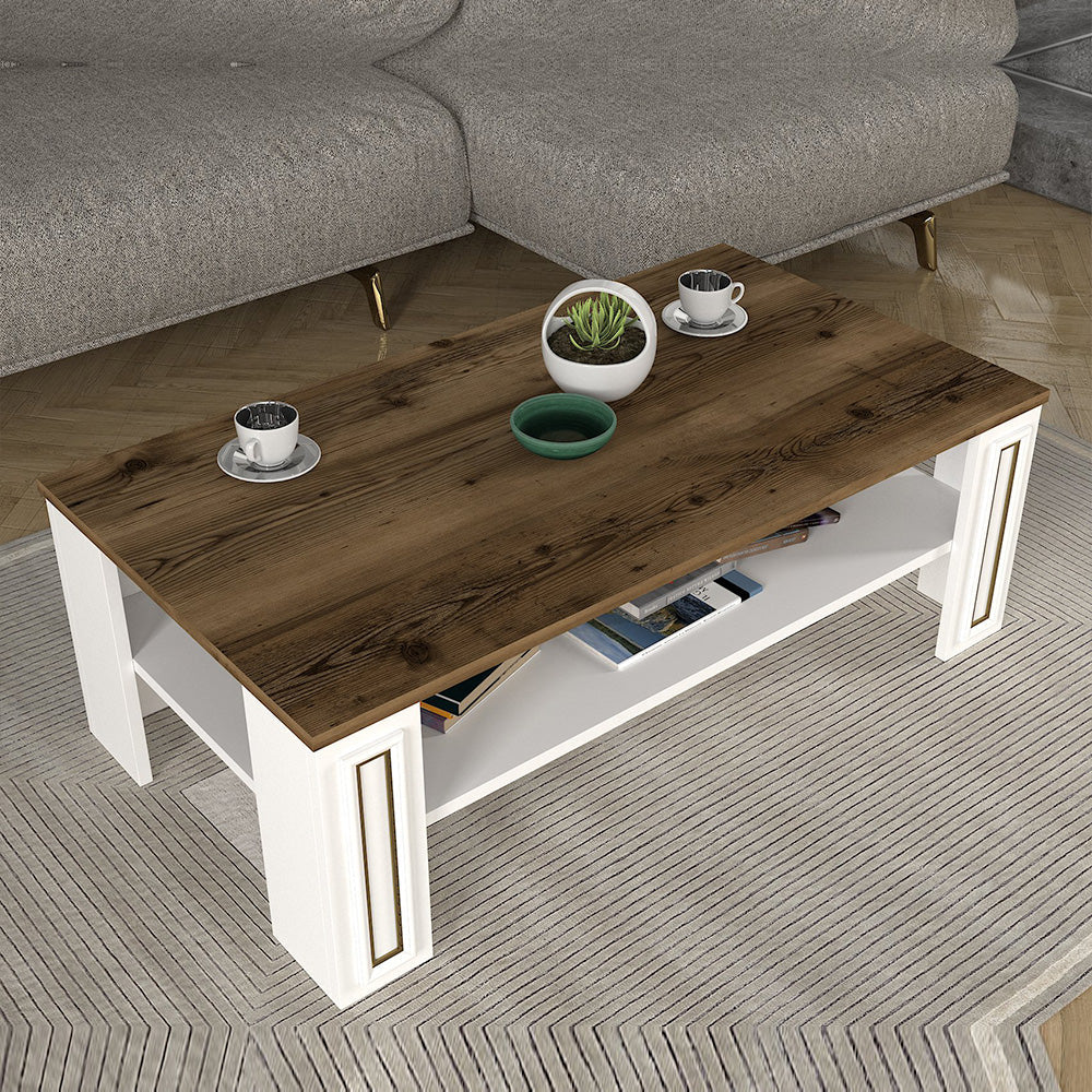 Table basse pour séjour SANSA 110 cm - Noyer et blanc à bordures en doré