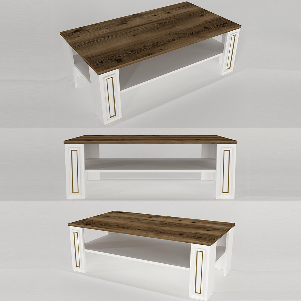 Table basse pour séjour SANSA 110 cm - Noyer et blanc à bordures en doré