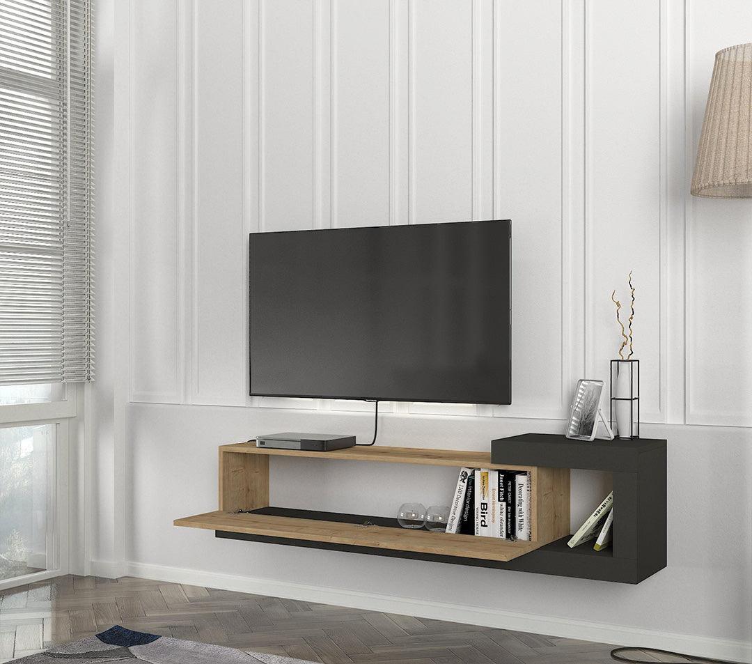 Meuble TV Suspendu VOLARE 150 cm - Gris anthracite et chêne