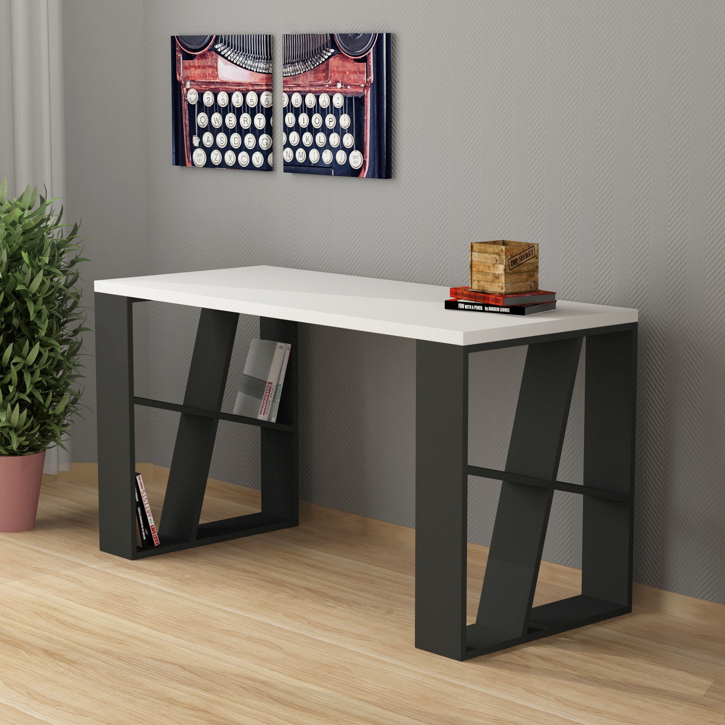 Bureau de travail en bois solide HONEY 137 cm - Gris et Blanc