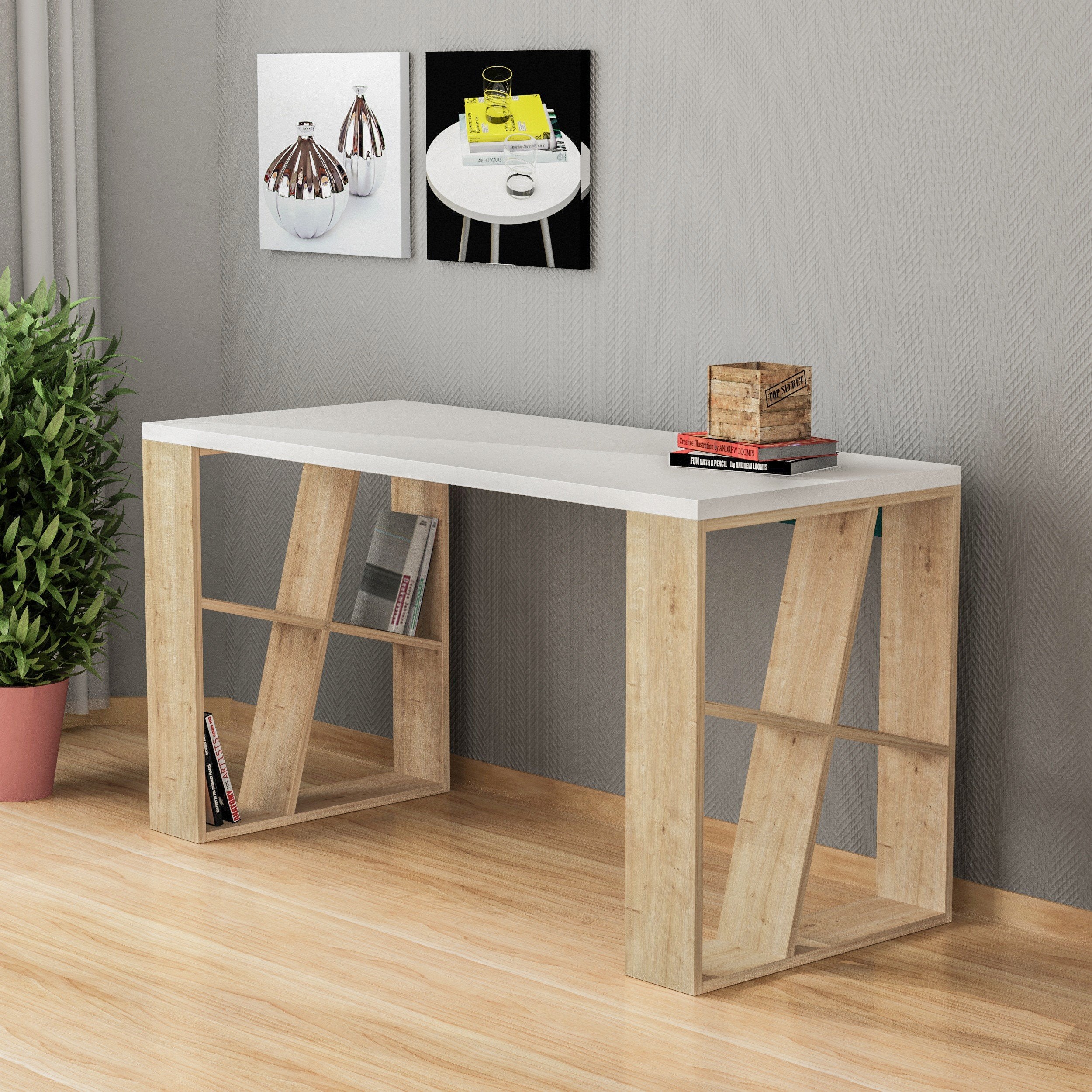 Bureau de travail en bois solide HONEY 137 cm - Chêne et Blanc