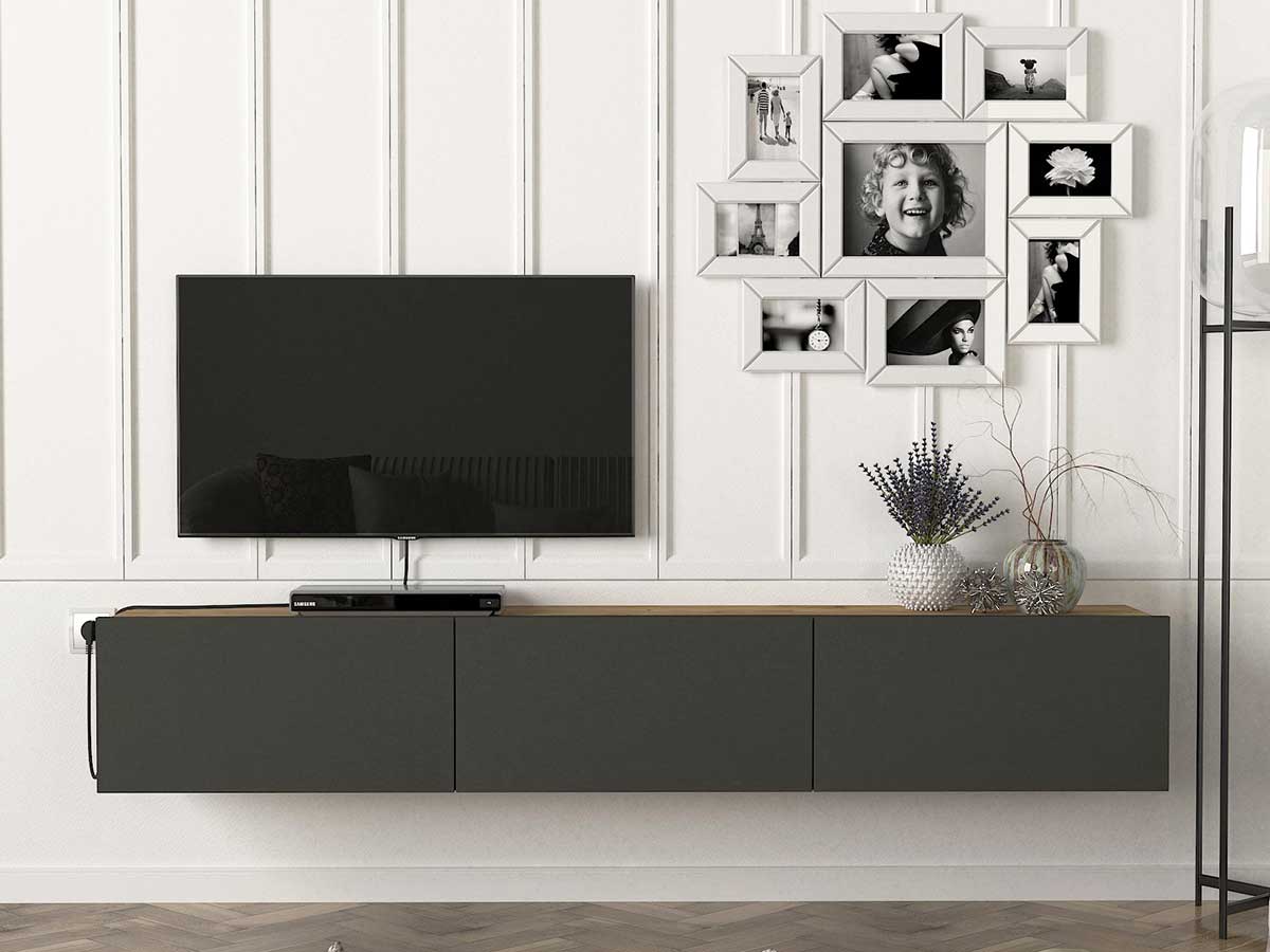 Meuble TV Suspendu ALMAD 180cm - chêne et gris anthracite