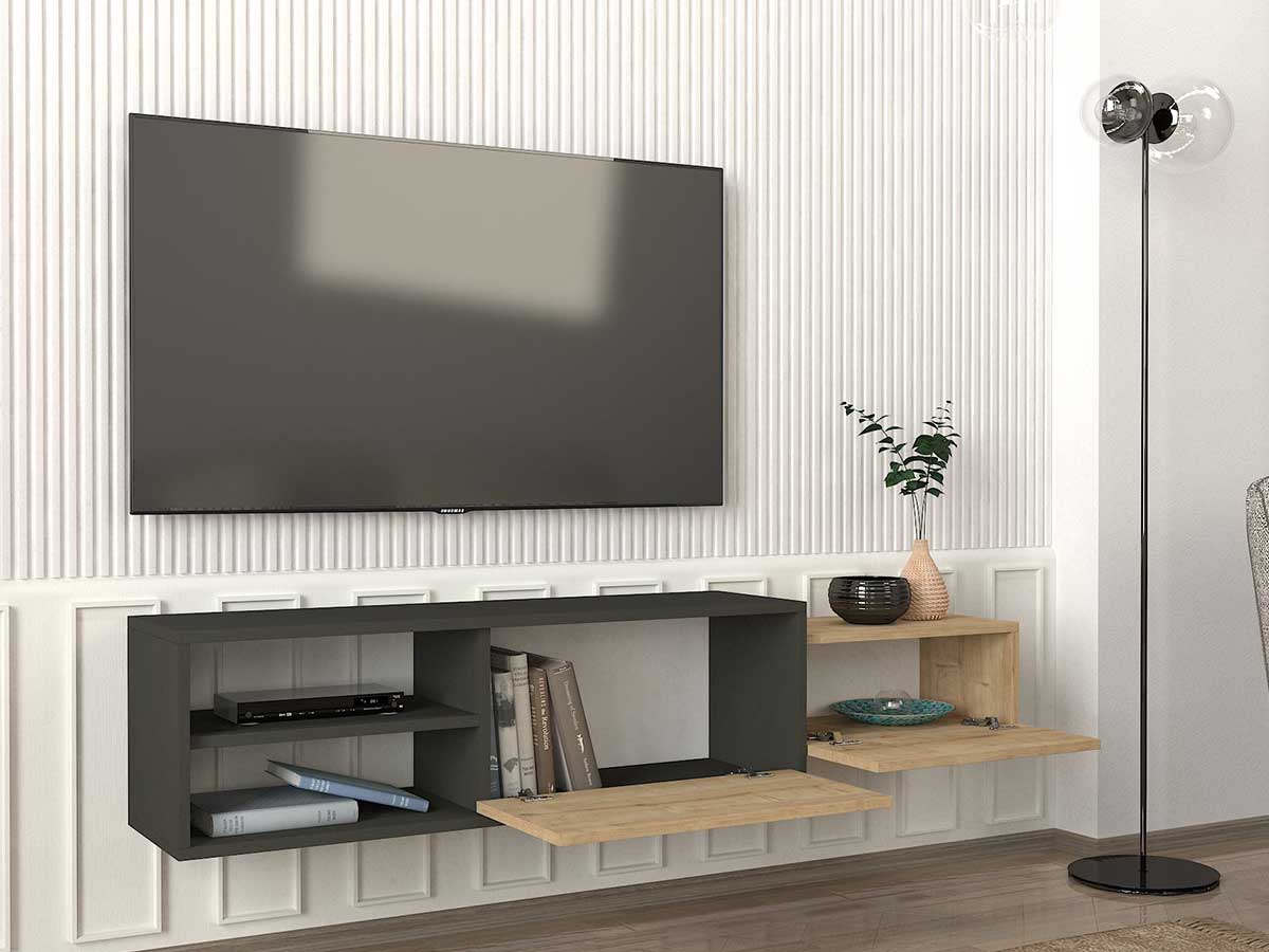 Meuble TV Suspendu DIONE 160 cm chêne et gris anthracite